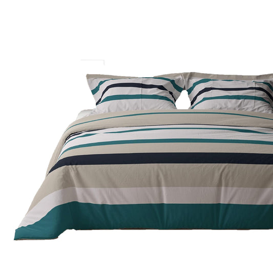 Reversible Microfibre Queen Bed Quilt Cover Set with Button Closure - Turquoise Navy Beige