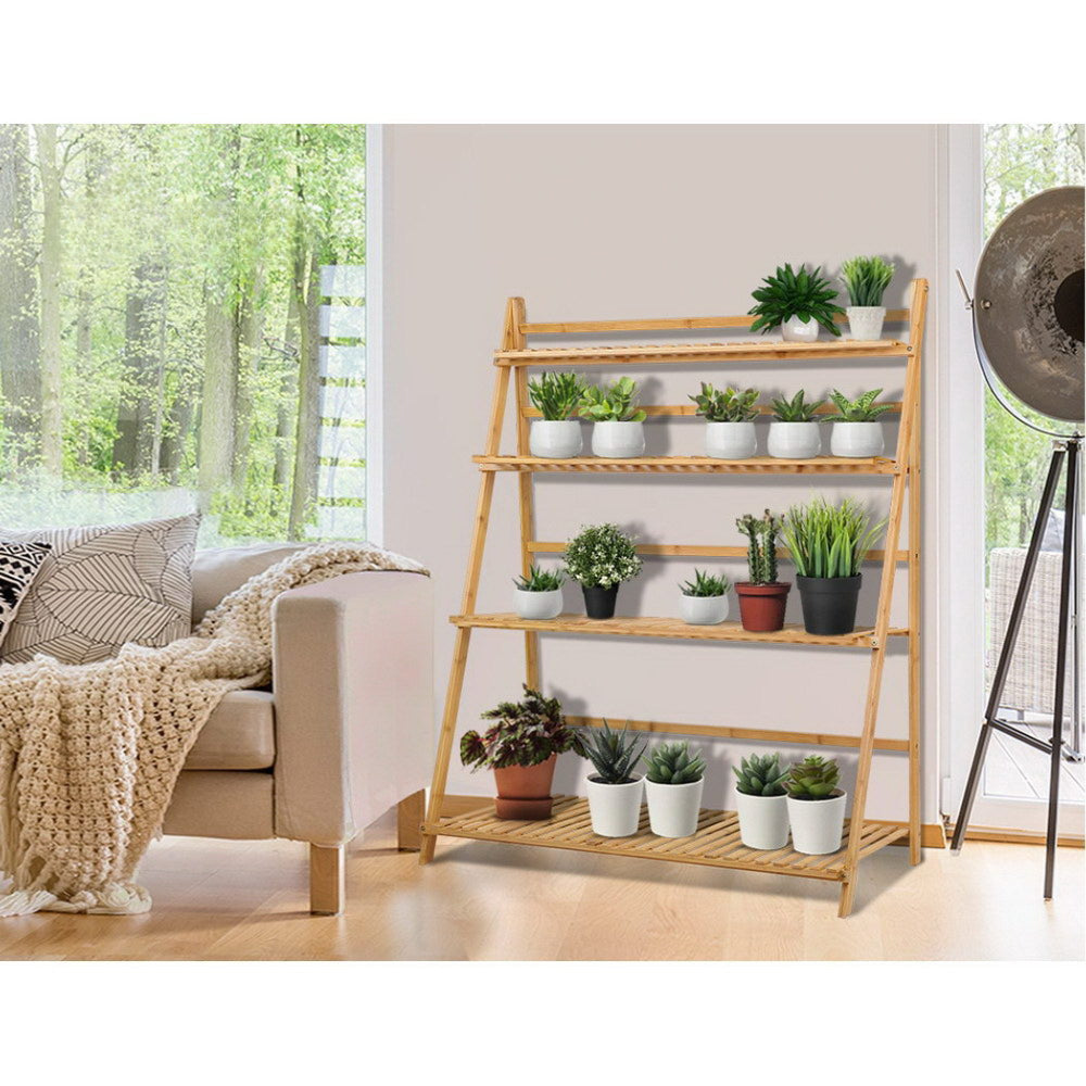Bamboo Wooden Ladder Shelf Plant Stand Foldable