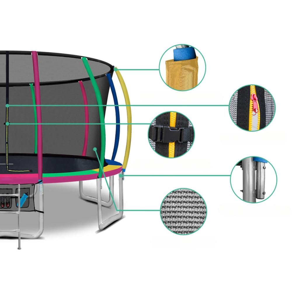 Kids Outdoor Round Trampoline with Basketball Hoop Enclosure Safety Net Pad 16FT - Multi Coloured