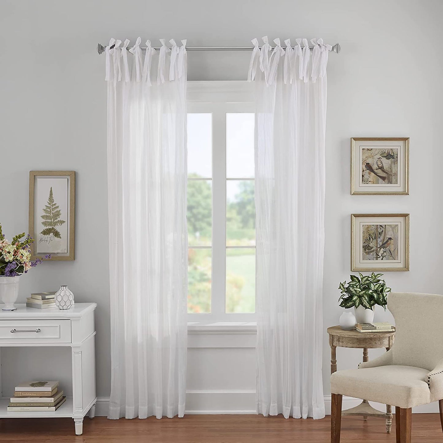 1PC Crushed Semi-Sheer Adjustable Tie Top Single Window Curtain Panel 52x108 Inch - White