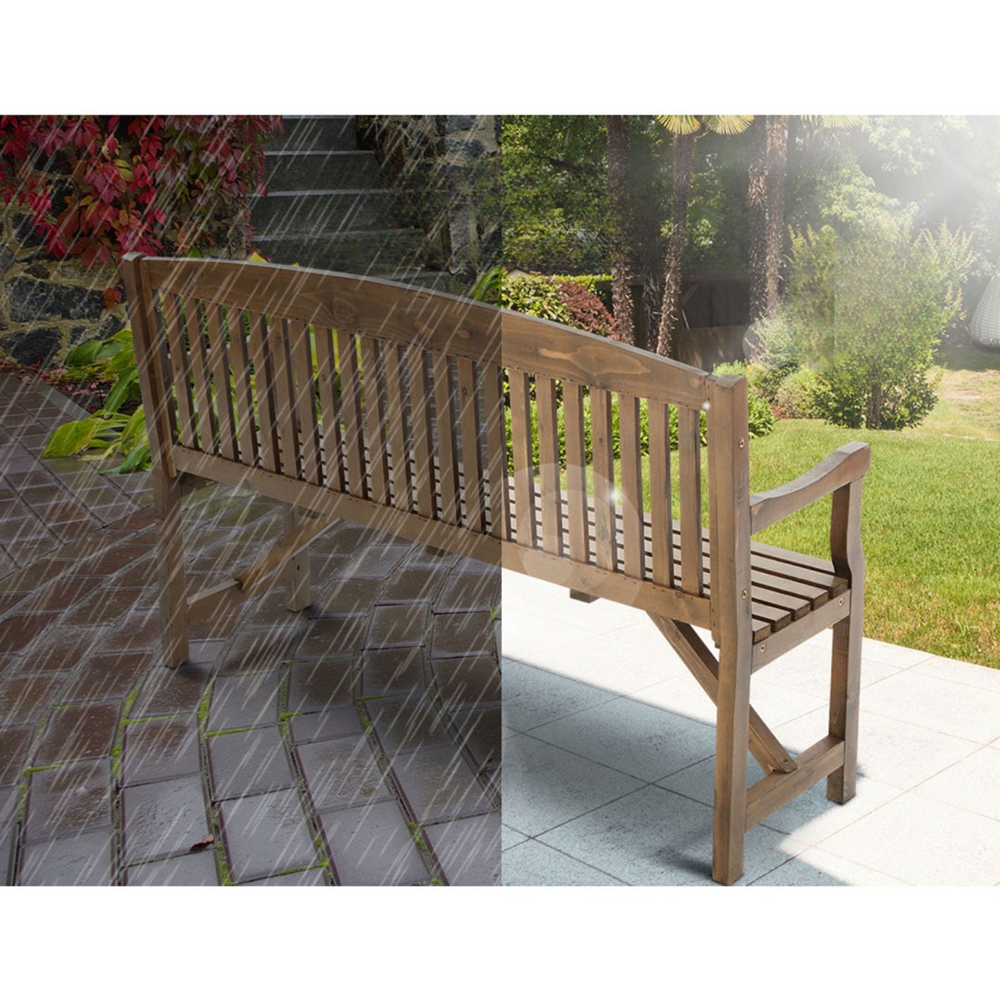 Wooden Garden Bench Outdoor Furniture Decor Patio 3 Seater - Brown