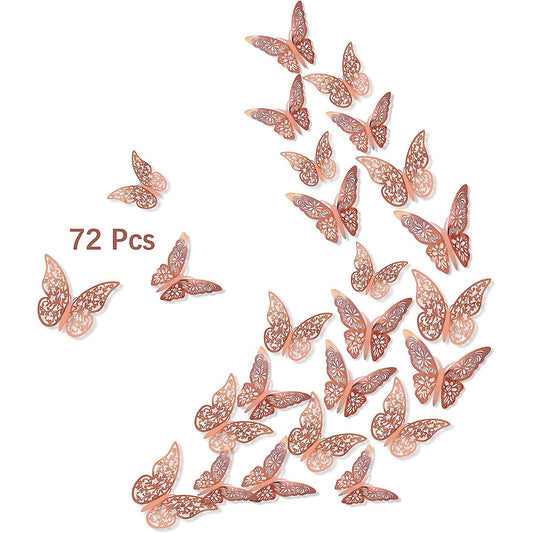 3D Removable Metallic Butterfly Wall Sticker Decoration 72 Pcs - Rose Gold