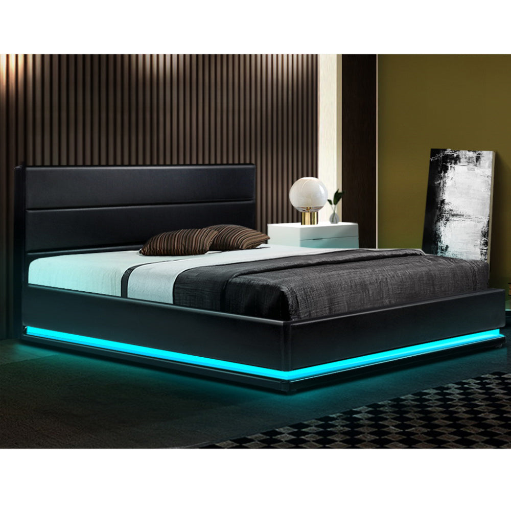 LED Bed Frame PU Leather Gas Lift Storage - Black Queen
