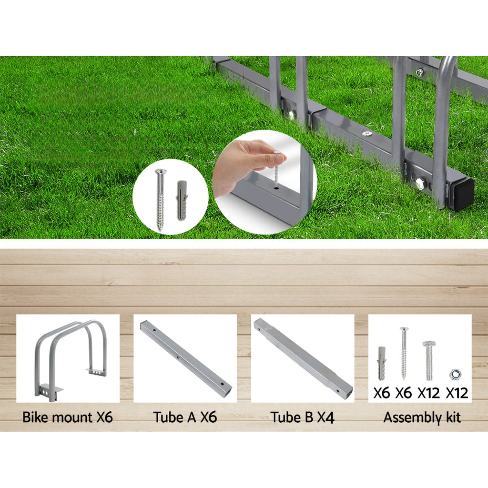 Bicycle Cycling Stand Floor Storage Silver - Fits 6 Bikes