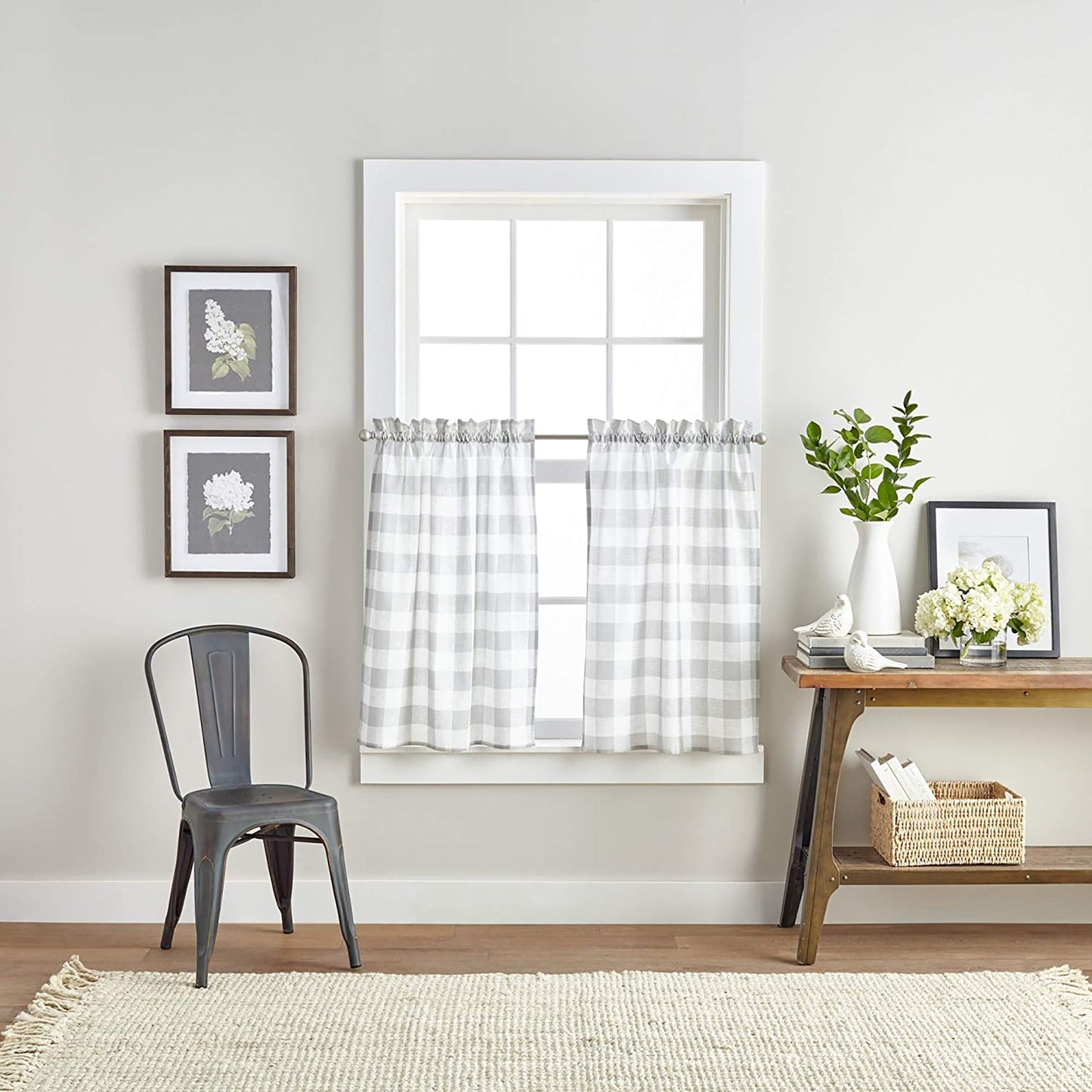 Country Modern Rustic Farmhouse Check Curtain Window Valance and Tiers Set - Grey