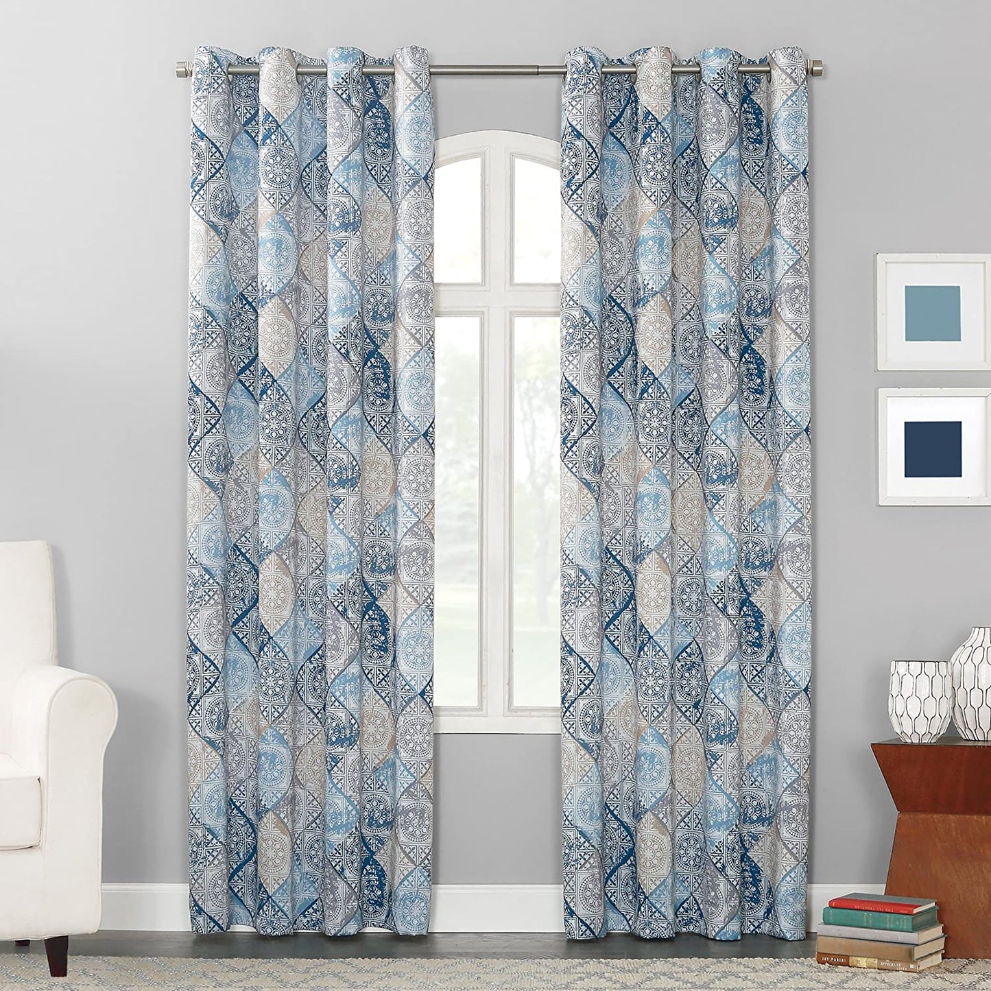 1pc Medallion Print Energy Efficient Grommet Curtain Panel 54 x 84 Inches - Indigo Blue