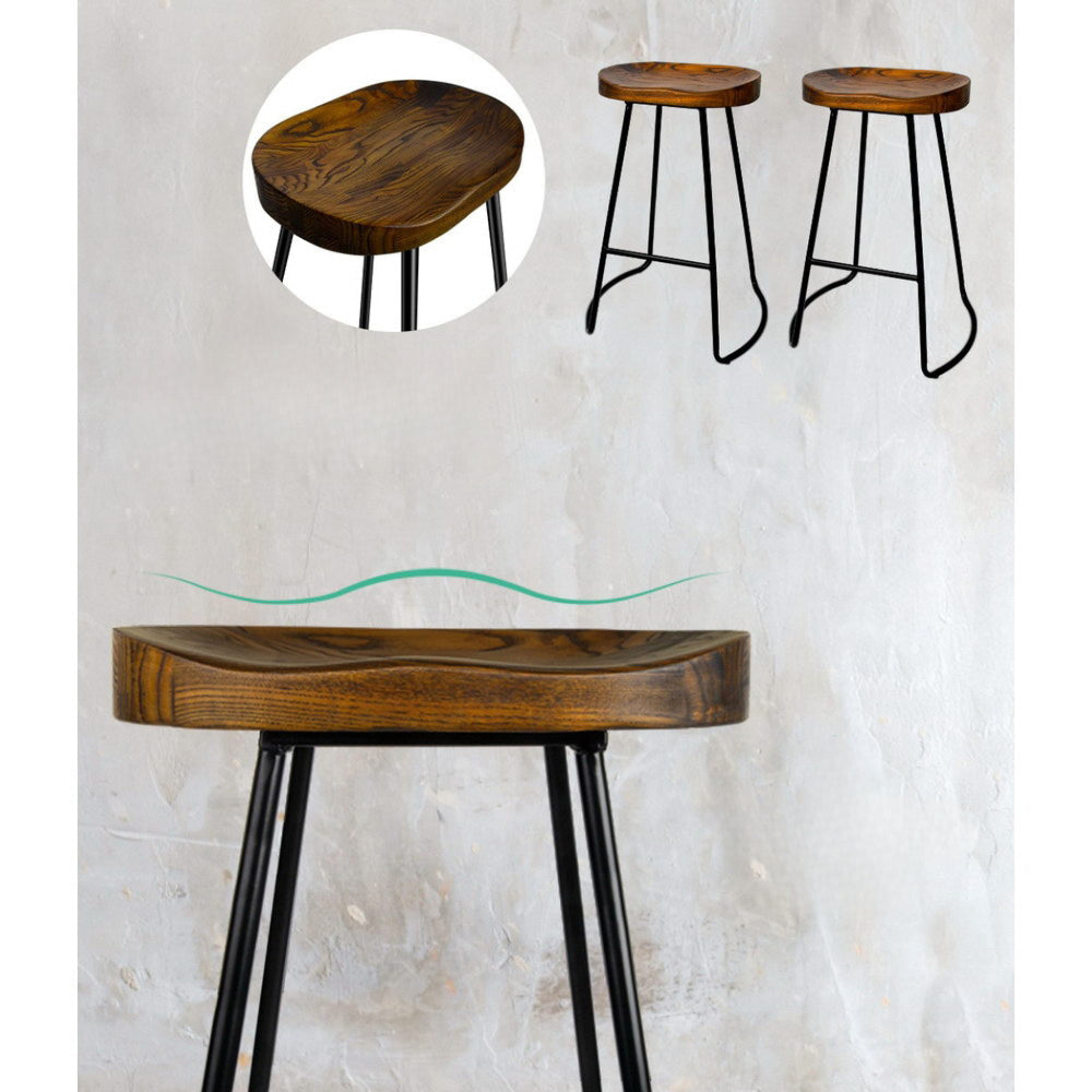 Set of 4 Elm Wood Backless Bar Stools 65cm - Black and Dark Natural