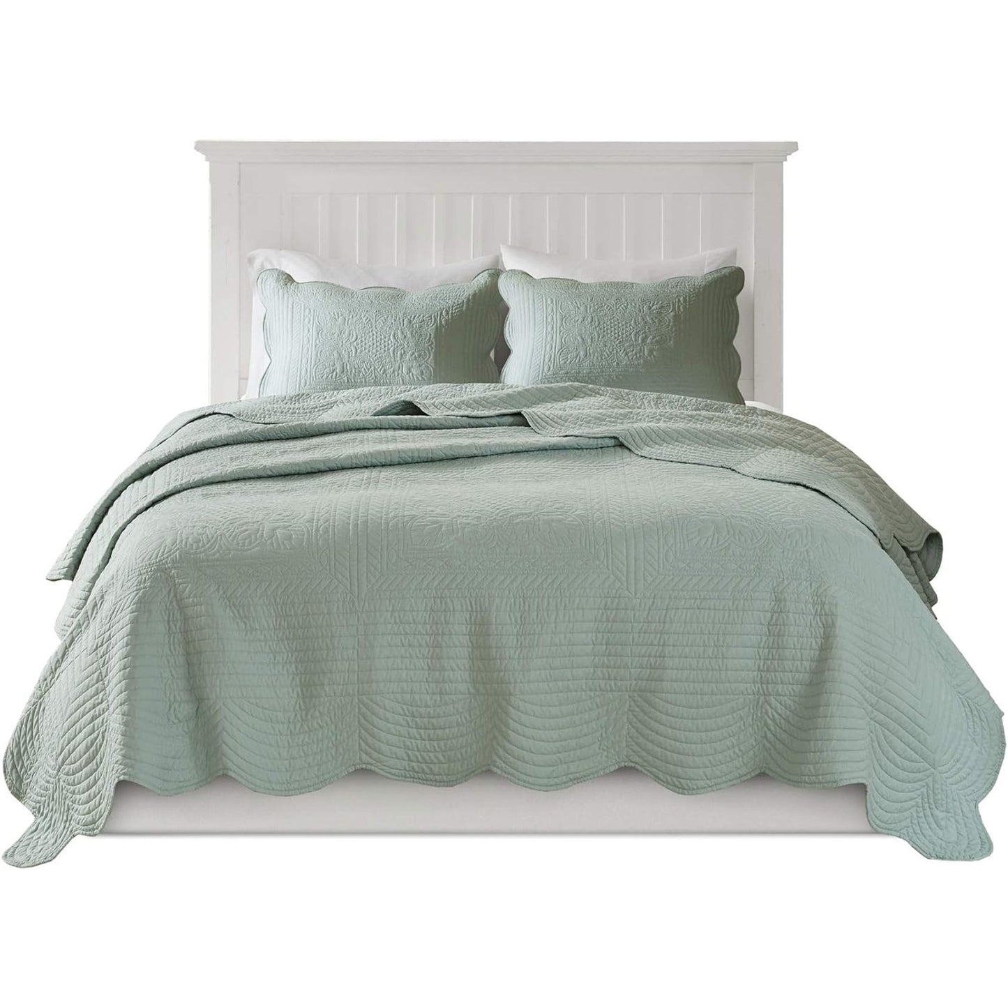 Damask Medallion Stitching Tuscany Coverlet Set - Medallion Seafoam