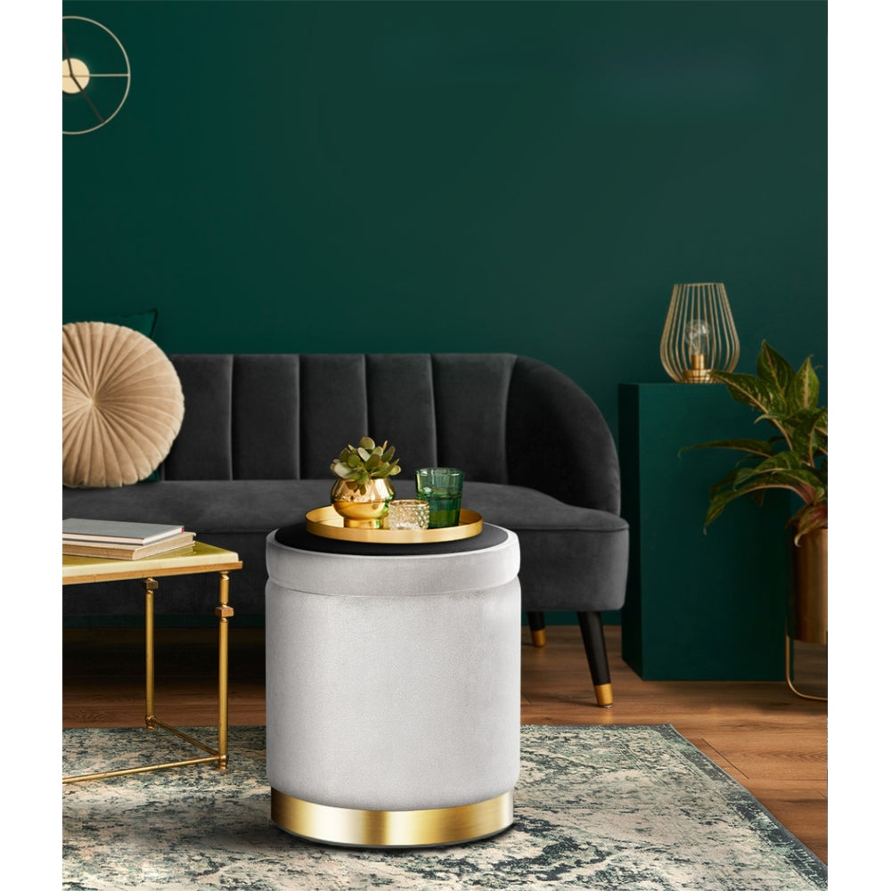 Round Velvet Storage Ottoman Foot Stool Foot Rest Pouffe Padded Seat Grey