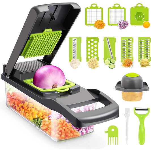 Multifunctional 13 in 1 Vegetable Slicer Grater Chopper - Green and Grey