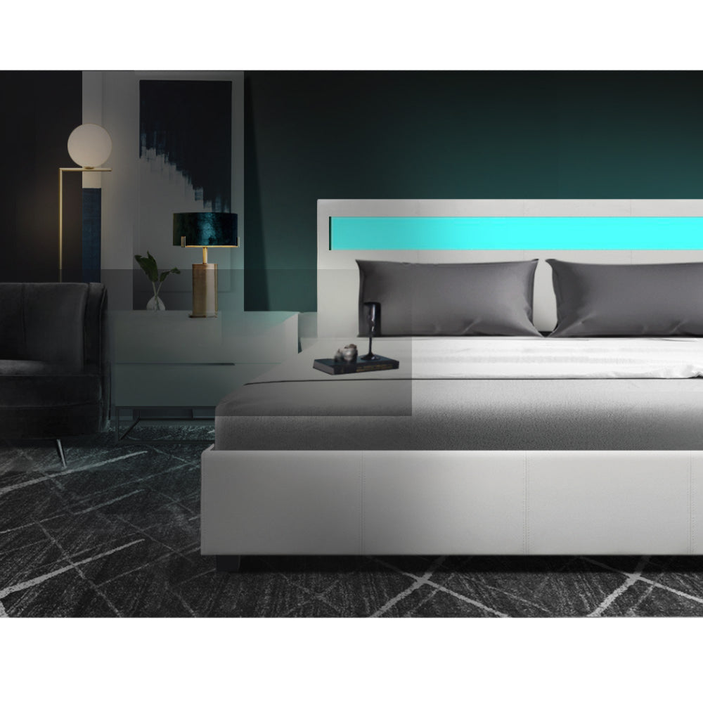 LED Bed Frame PU Leather Gas Lift Storage - White Queen