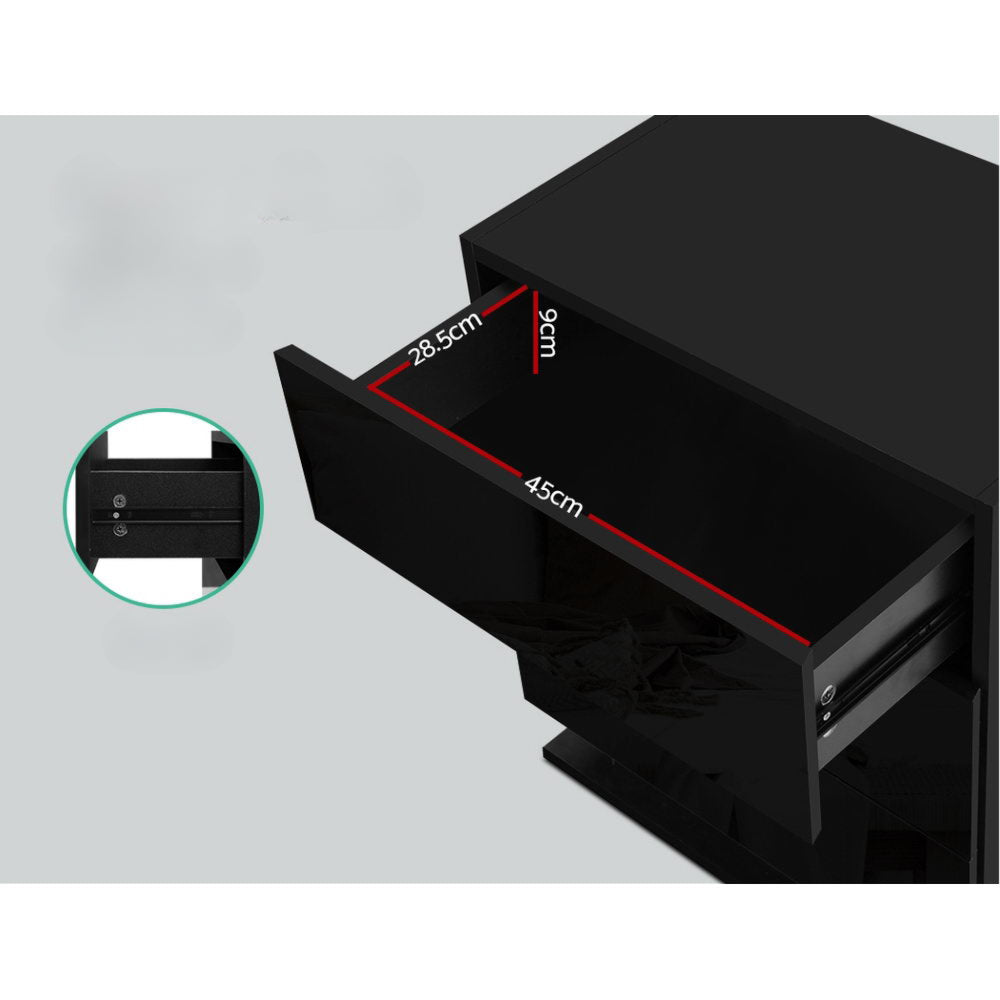 Bedside Tables Side Table RGB LED Lamp 3 Drawers Nightstand Gloss Black