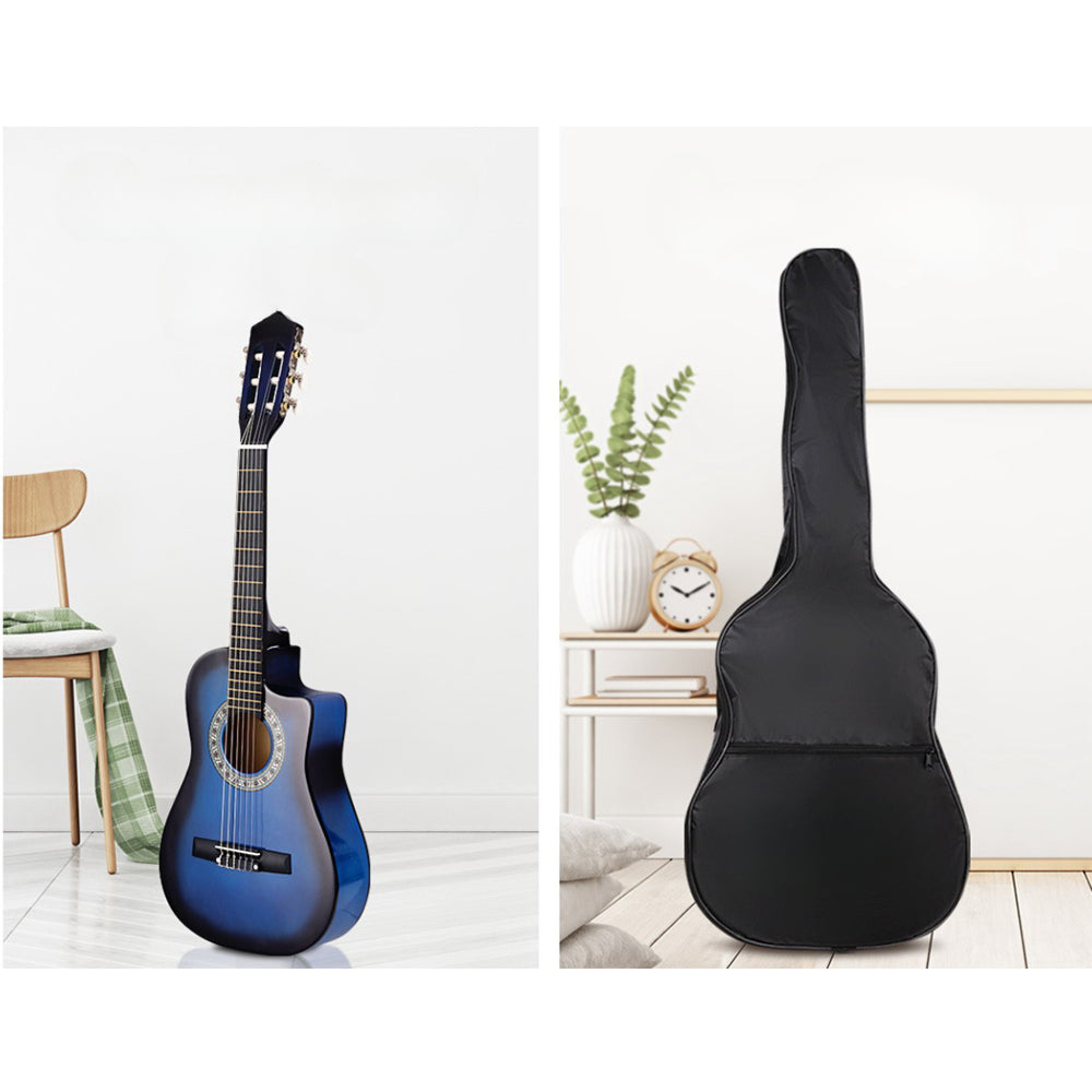 34" Inch Guitar Classical Acoustic Cutaway Wooden Ideal Kids Gift Children 1/2 Size Blue with Capo Tuner