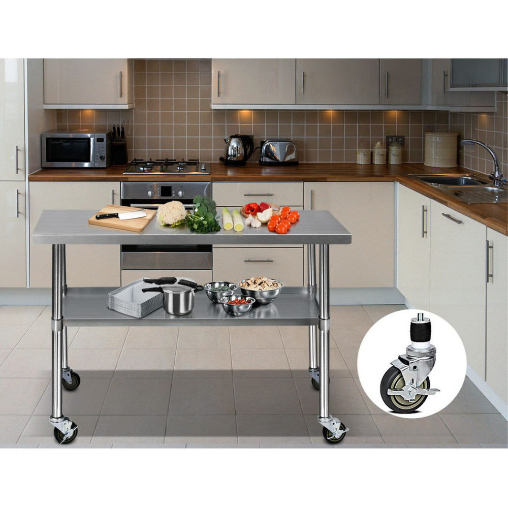 304 Stainless Steel Kitchen Benches Work Bench Food Prep Table with Wheels 1219MM x 610MM