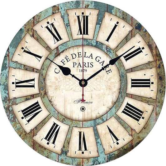 Vintage Farmhouse Rustic Country Style Silent Round Wooden Decorative Wall Clock - Turquoise