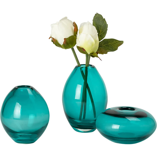 Decorative Colored Glass Bud Small Flower Vase Set of 3 - Teal