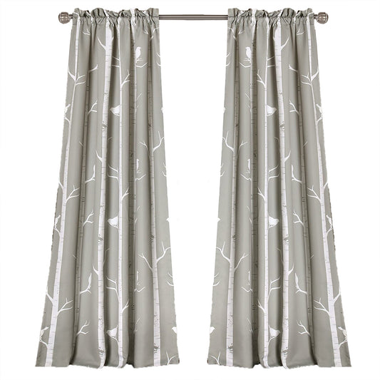 Bird on The Tree Room Darkening Window Panel Curtain Set 84 x 52 Inch - Gray
