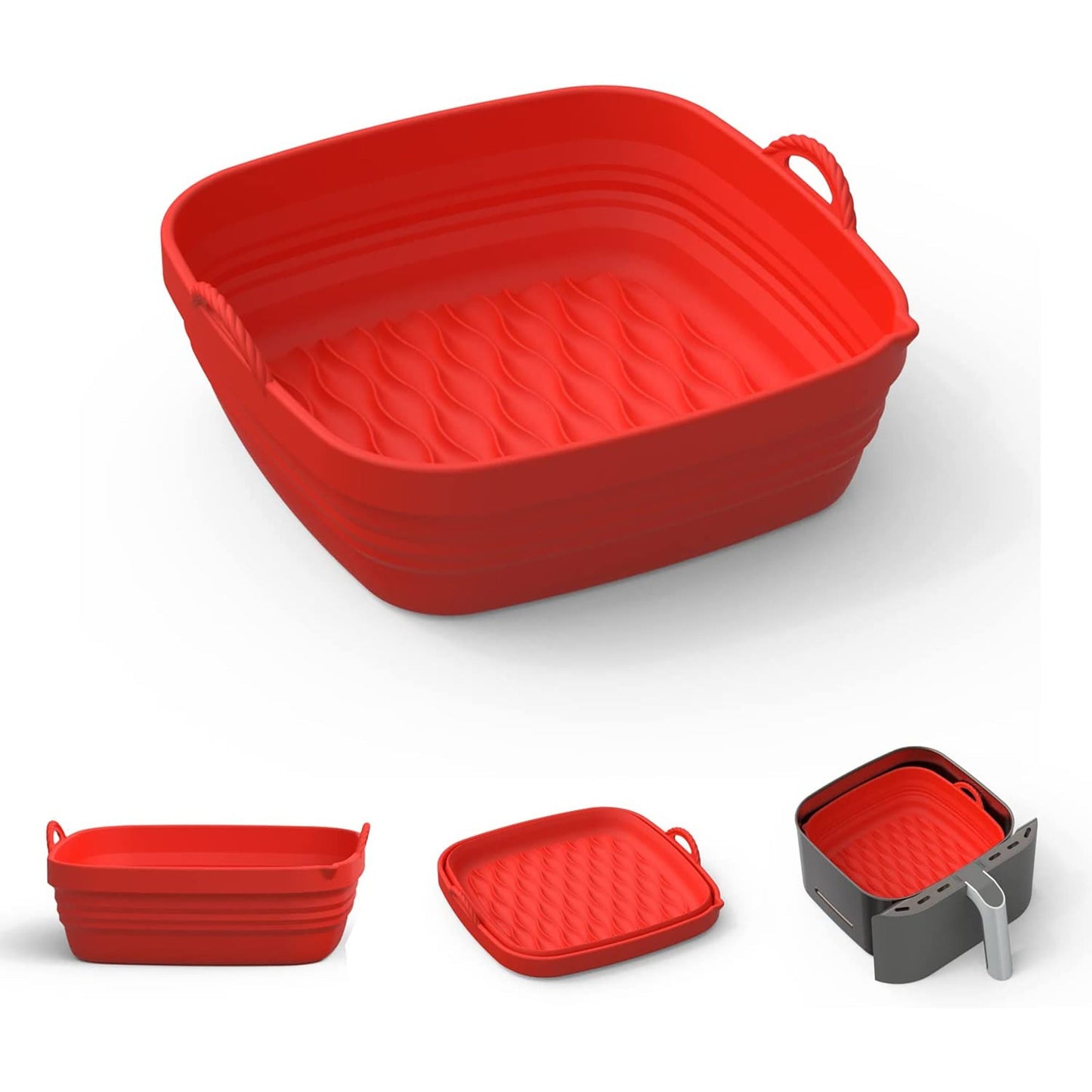 Air Fryer Silicone Pot Square Reusable Air Fryer Silicone Basket 8 Inch - Red