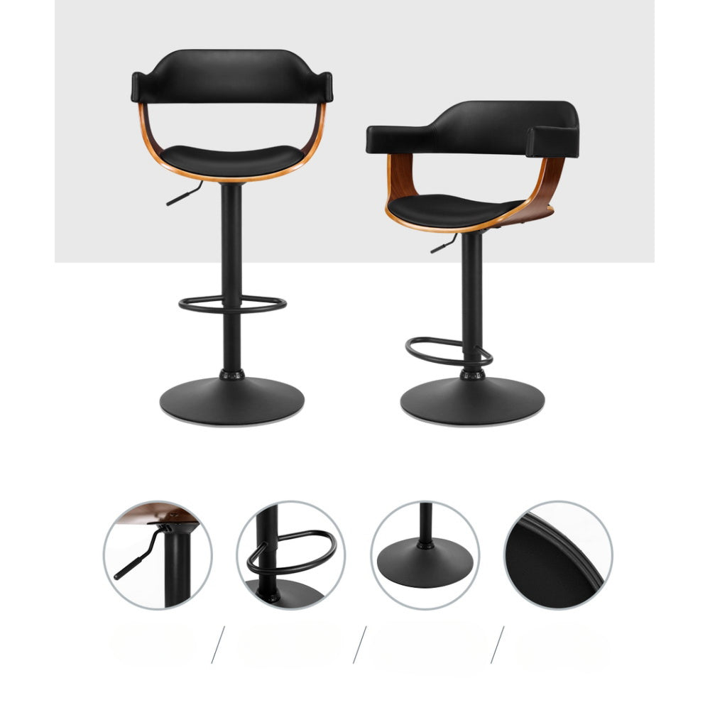 Bar Stool Curved Gas Lift PU Leather - Black and Wood