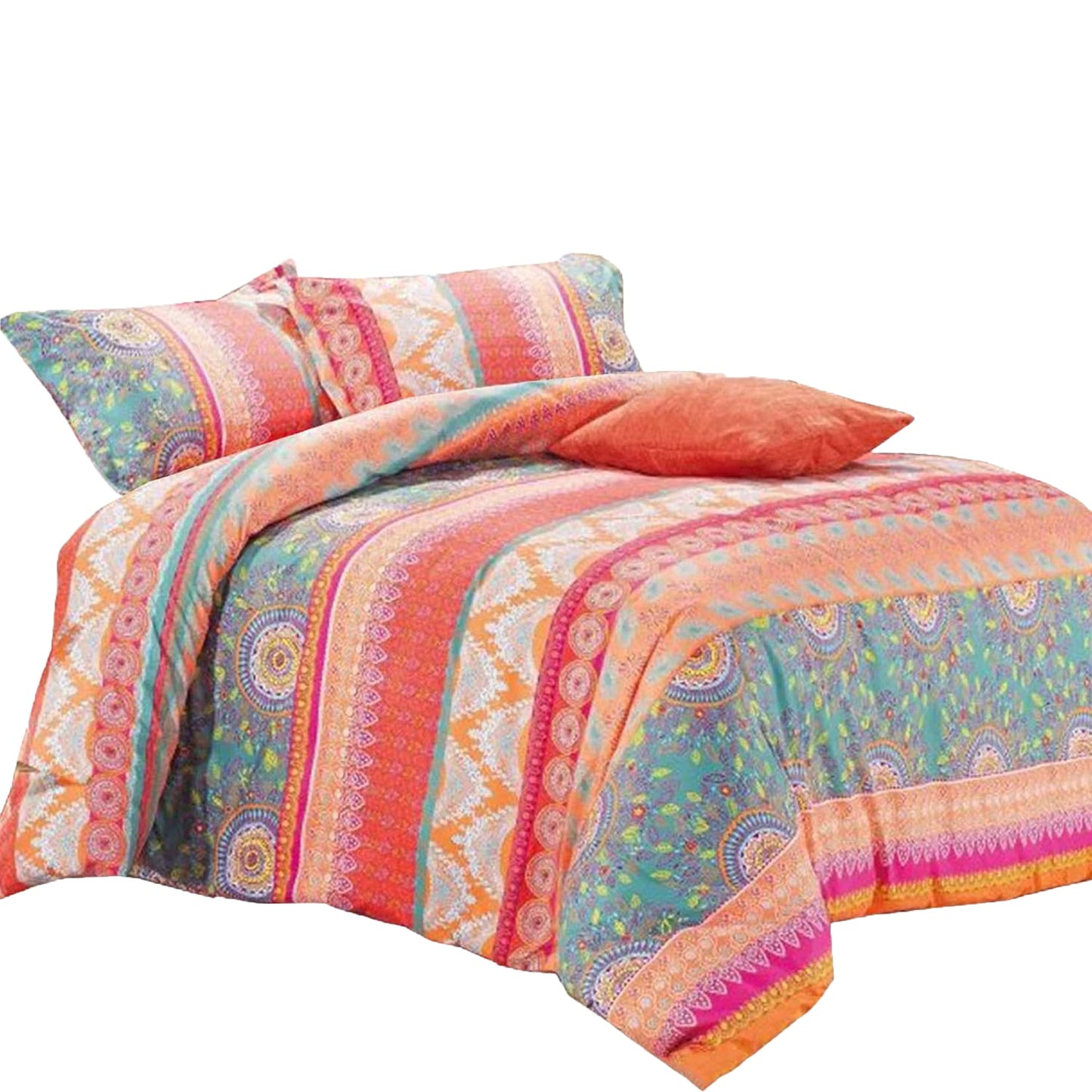 Soft Microfibre Bohemian Mandala Pattern Printed Quilt Cover Set - Orange Coral