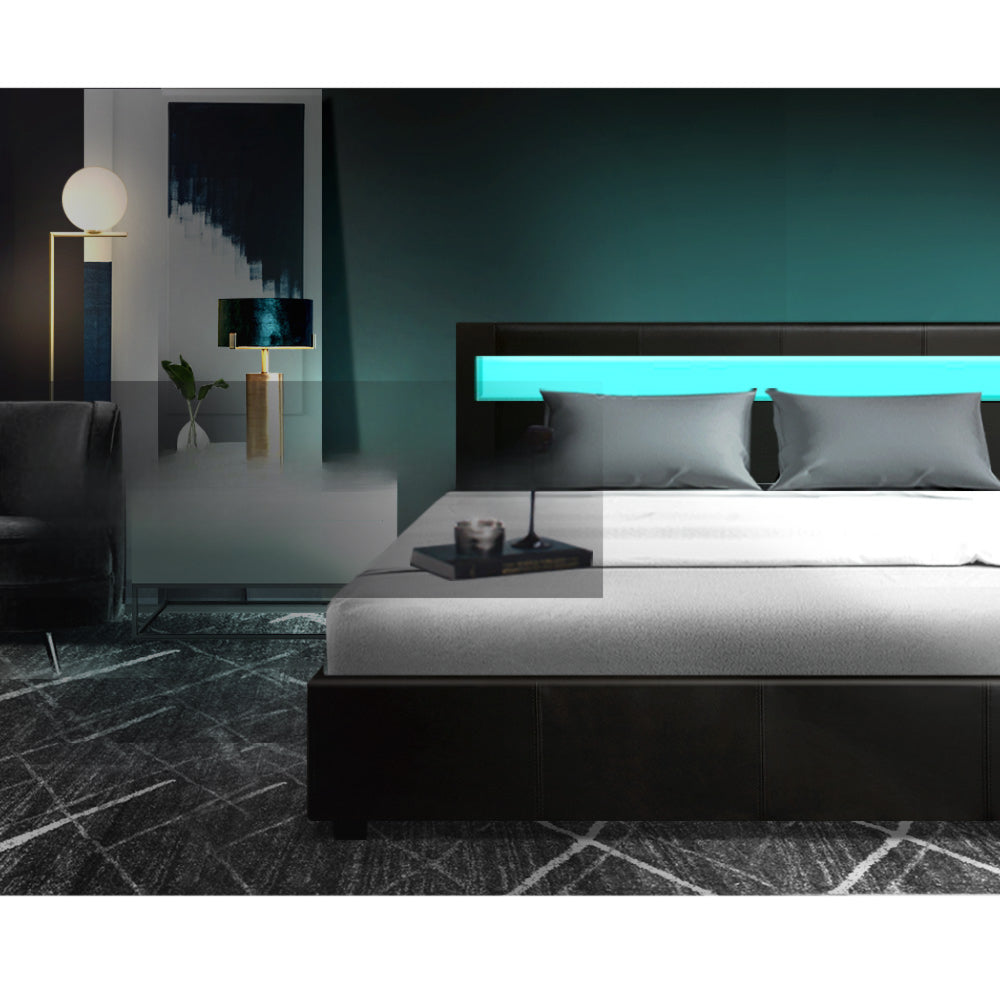 LED Bed Frame PU Leather Gas Lift Storage - Black Double