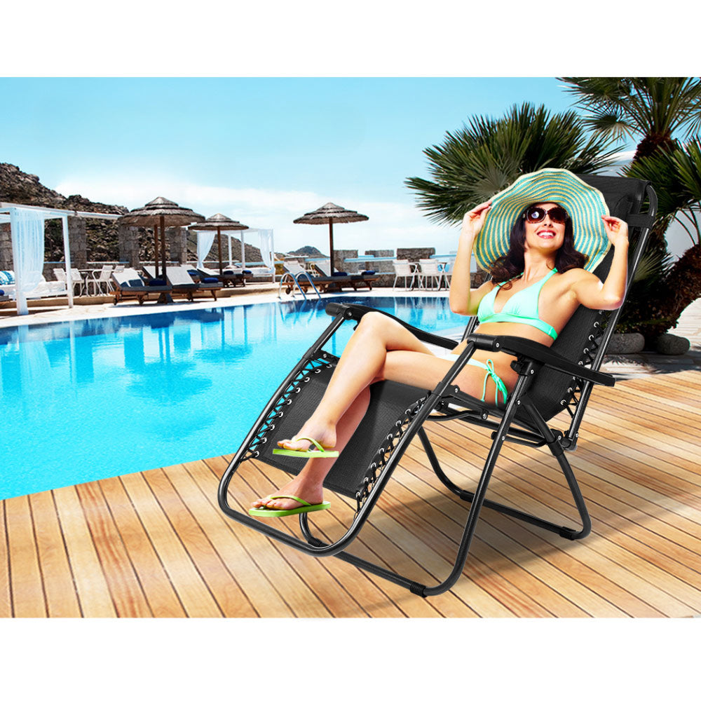 Outdoor Reclining Chairs Folding Camping  Sun Lounge Set of 2 - Black