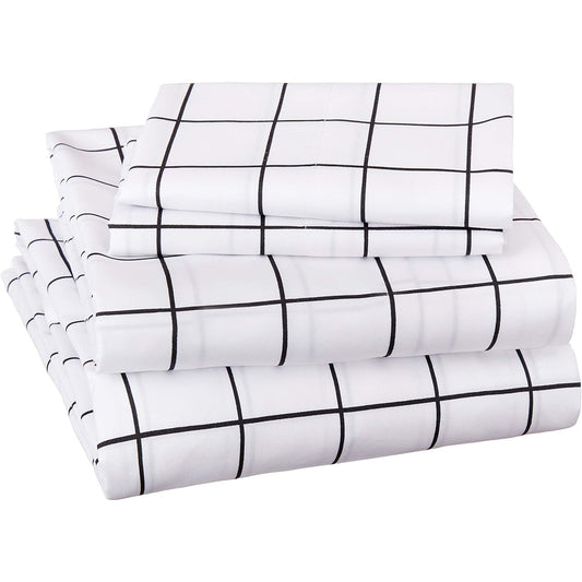Soft Microfibre Bed Sheet Set with Elastic Pockets - Black Grid