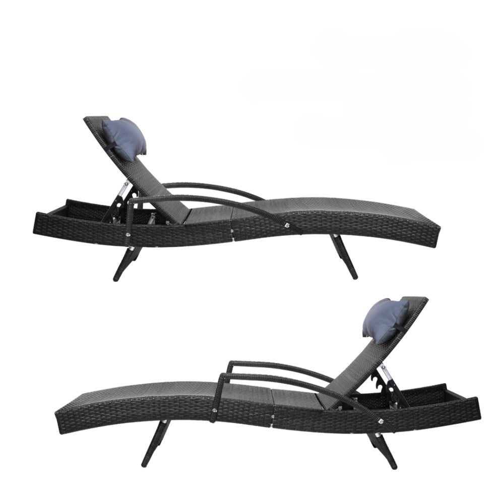 Sun Lounge Outdoor Wicker Lounger Rattan Garden Patio Set of 2 - Black