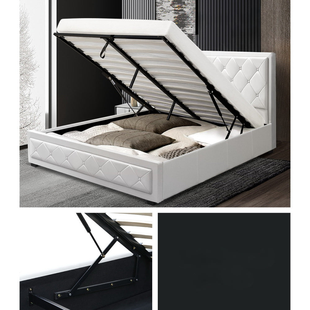 Bed Frame PU Leather Gas Lift Storage - White Queen