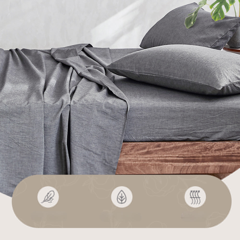 Washed Cotton Bed Sheet Set Black Single/Double/King