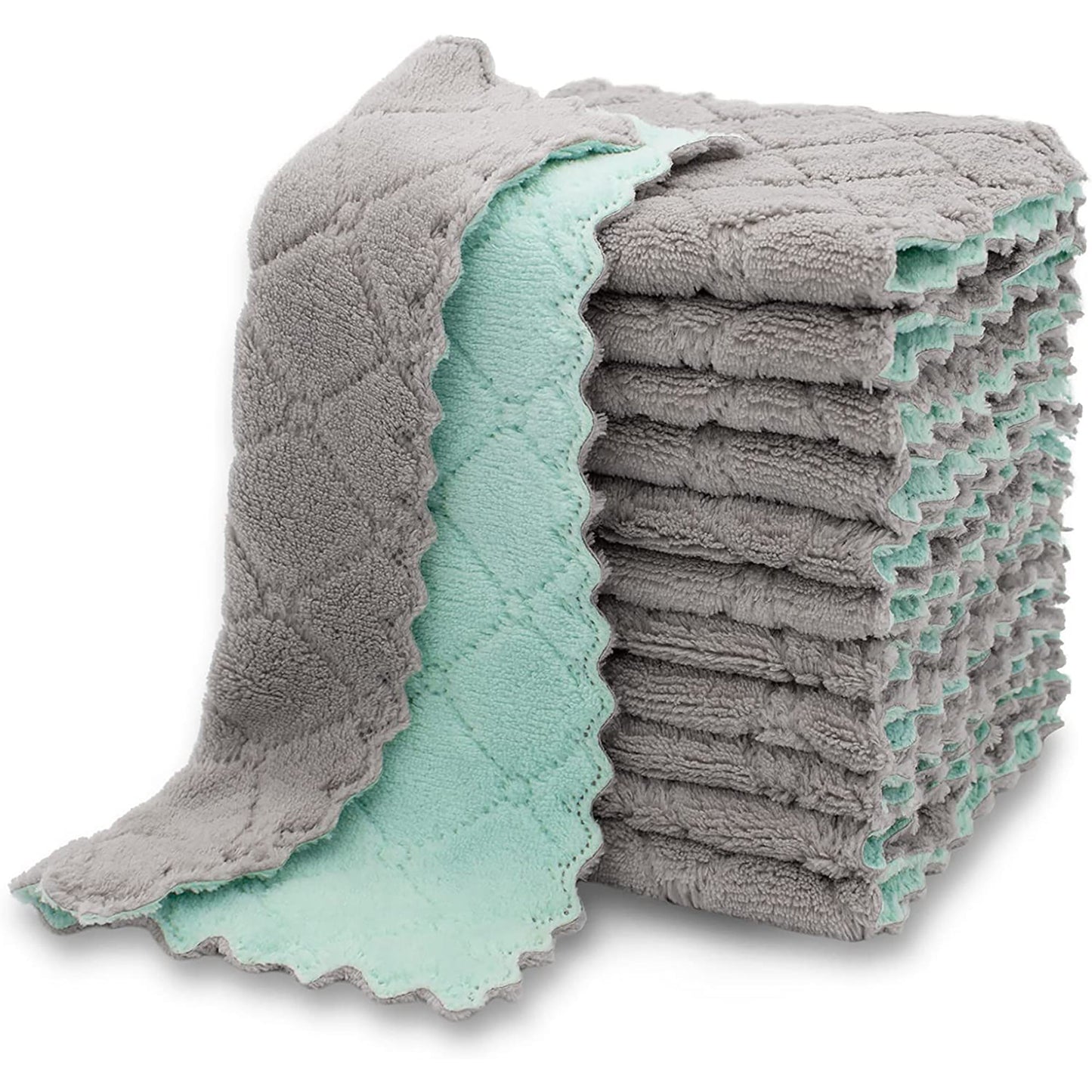 Premium Absorbent Fast Drying Kitchen Dish Towels Nonstick Oil 12 Pack - Green and Gray