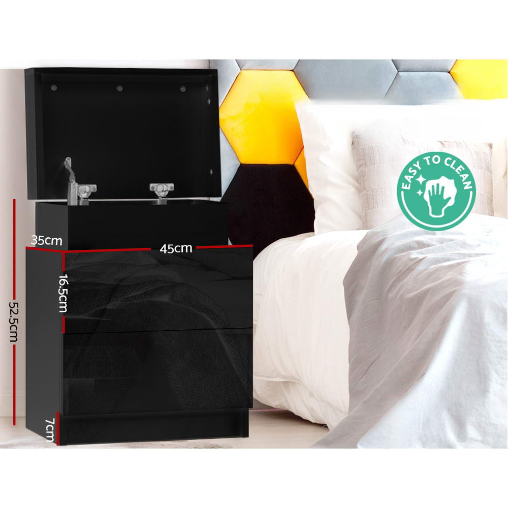 Bedside Tables Side Table Drawers RGB LED High Gloss Nightstand Black
