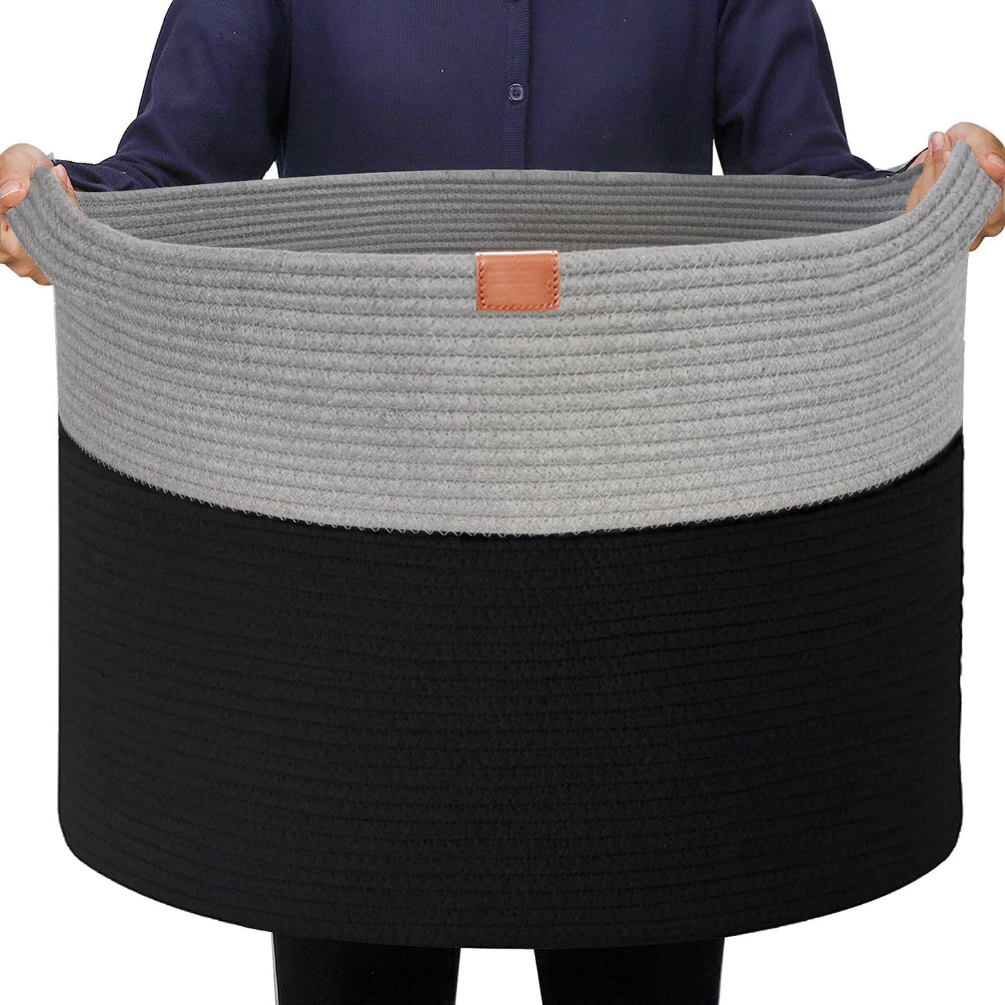 Extra Large Rope Woven Baskets with Handles for Living Room 22x22x14 - Black and Grey