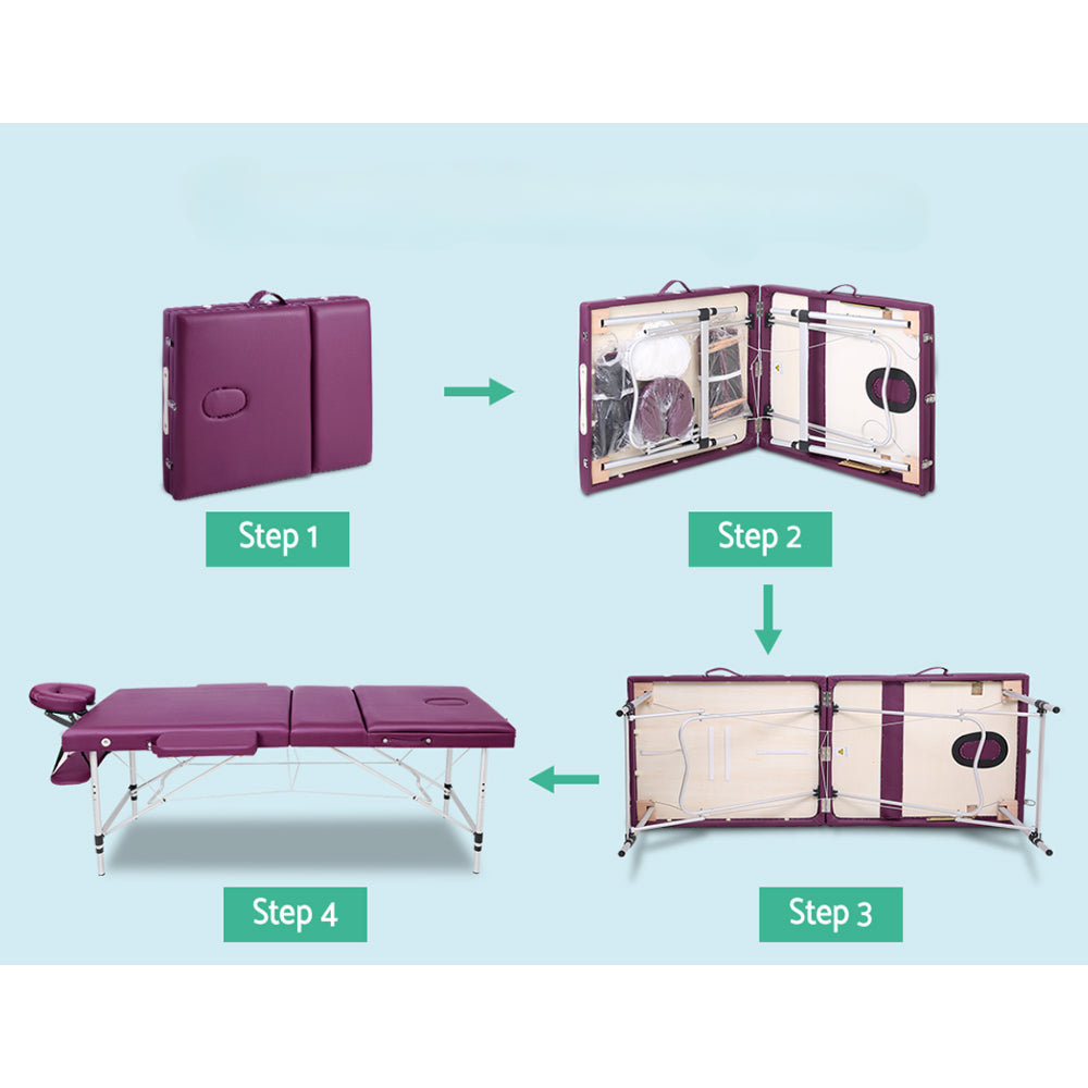 3 Fold Portable Aluminium Massage Table Massage Bed Beauty Therapy Purple 75cm