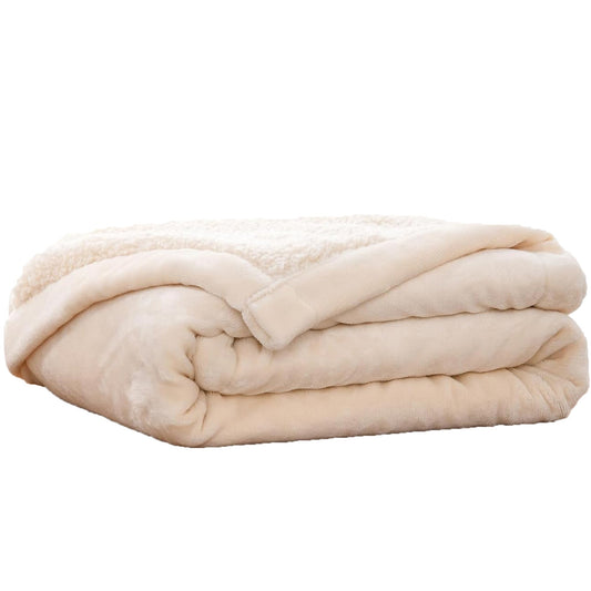 100% Polyester 200gsm Fleece and Sherpa Reverse Throw Blanket - Cream