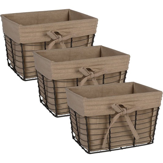 3Pcs Small Vintage Farmhouse Chicken Wire Storage Baskets with Liner 9x7x6 Inches - Taupe