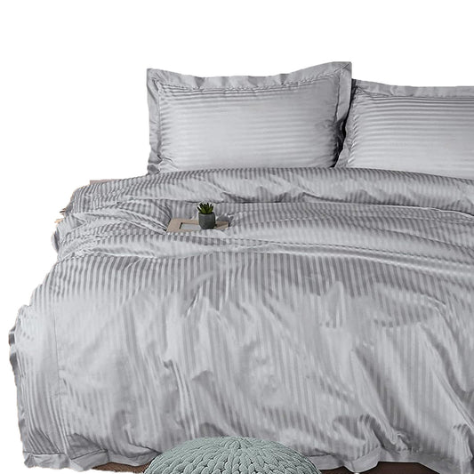 1000 Thread Count Cotton Satin Stripe Reversible Quilt Cover Bedding Set - Platinum Grey