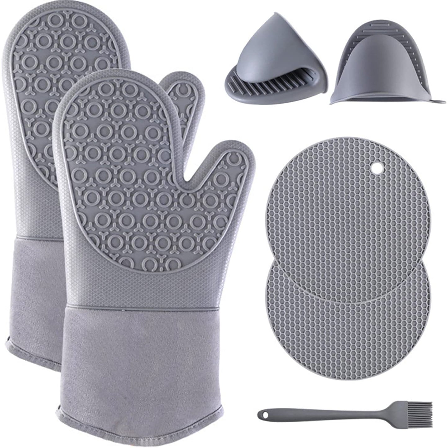 Non-Slip Heat Resistant Oven Mittens with 2 Mini Oven Gloves Pinch 2 Pot Holders and Brush - Grey