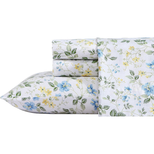 Soft Breathable Sateen Cotton Bedding Sheet Set - Meadow Floral Blue