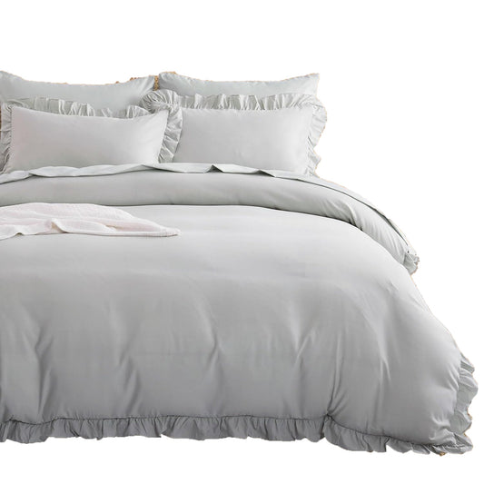 1000TC Ultra Soft Microfiber Duvet Doona Cover Quilt Cover Set - Ruffle Light Grey
