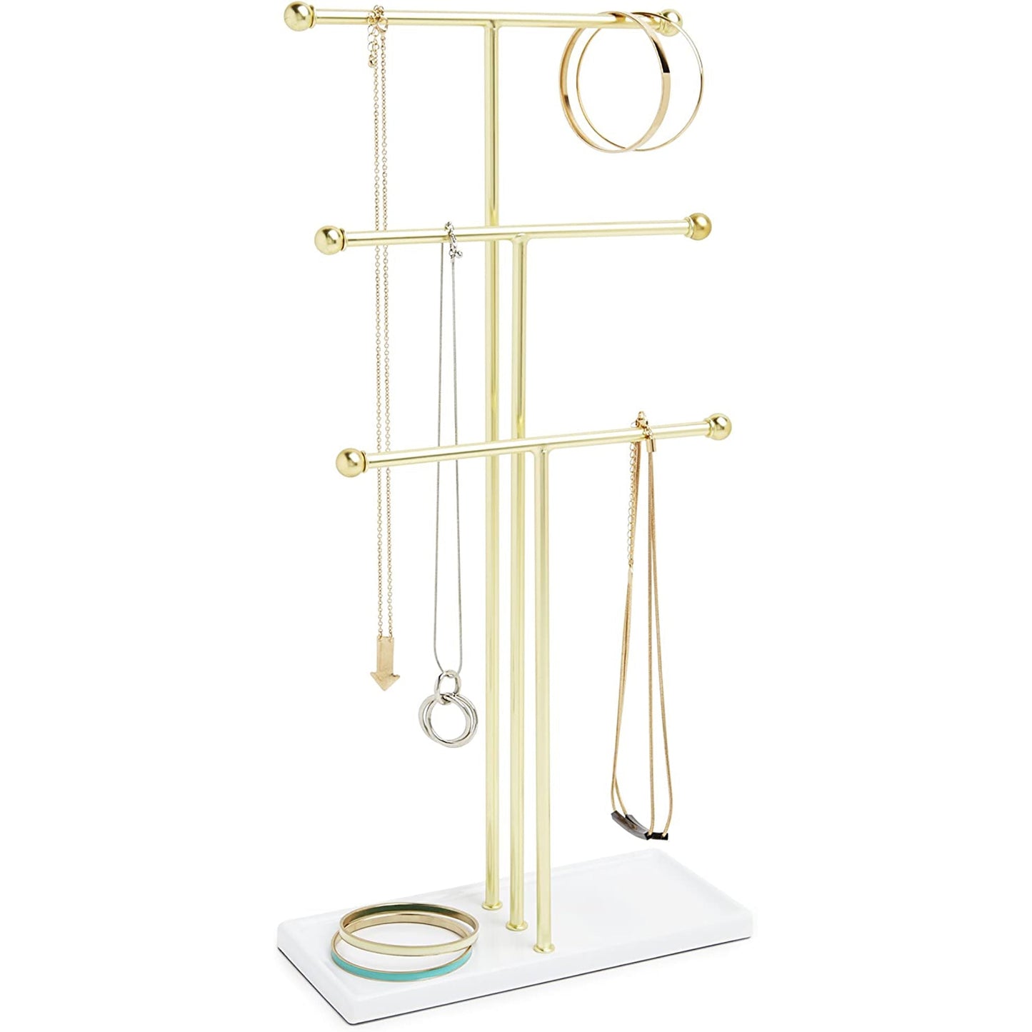 3 Tier Table Top Necklace Hanging Organizer Holder with Jewelry Tray Base - White