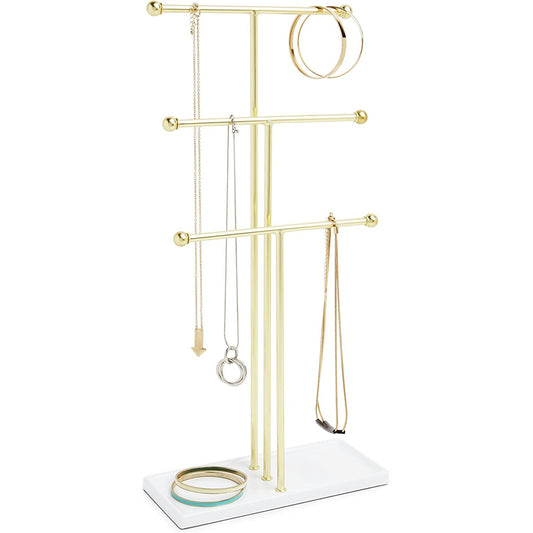 3 Tier Table Top Necklace Hanging Organizer Holder with Jewelry Tray Base - White