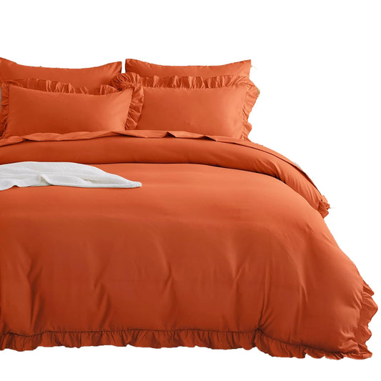 1000TC Ultra Soft Microfiber Duvet Doona Cover Quilt Cover Set - Ruffle Burnt Orange