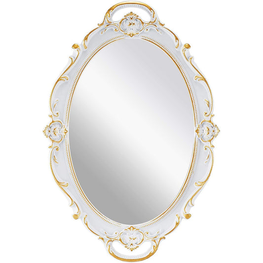 Decorative Vintage Carved Wall Mirror Oval Antique 10x15 Inches - White