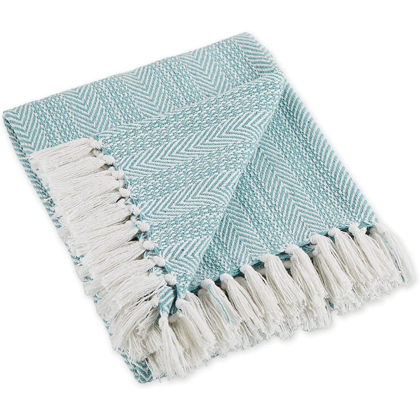 Herringbone Striped Throw Blanket with Decorative Tassels for Chair Couch - Aqua