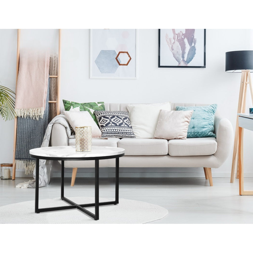 Coffee Table Marble Effect Side Tables Bedside Round Black Metal 70X70CM