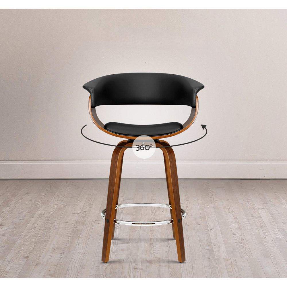 Set of 4 Swivel PU Leather Bar Stool - Wood and Black