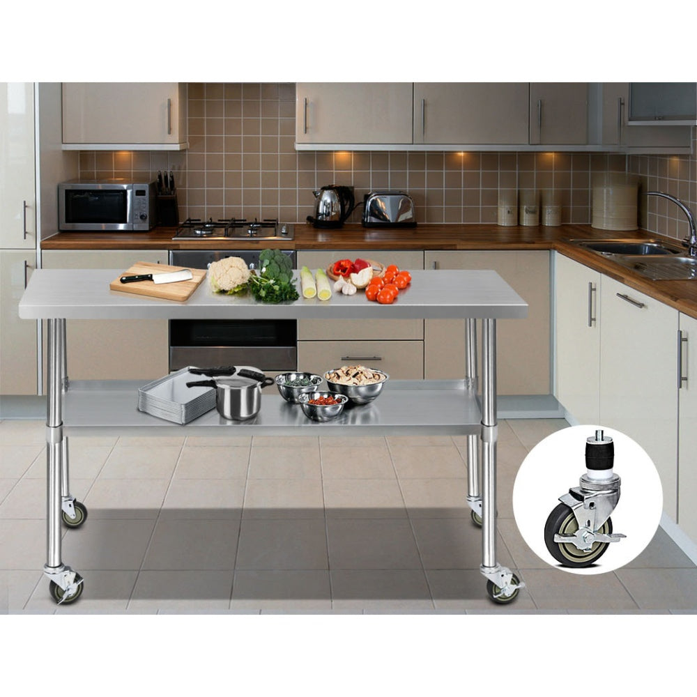 304 Stainless Steel Kitchen Benches Work Bench Food Prep Table with Wheels 1524MM x 610MM