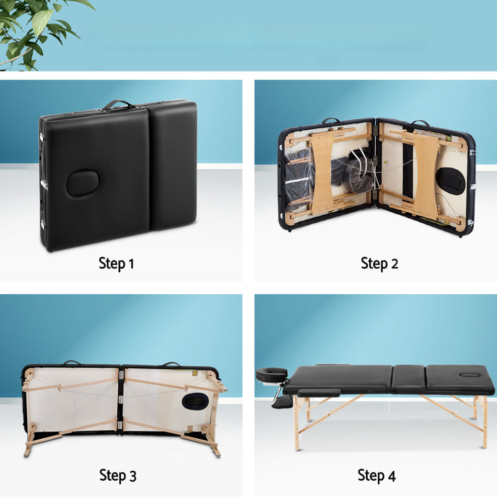 75cm Wide Portable Wooden Massage Table 3 Fold Treatment Beauty Therapy Black