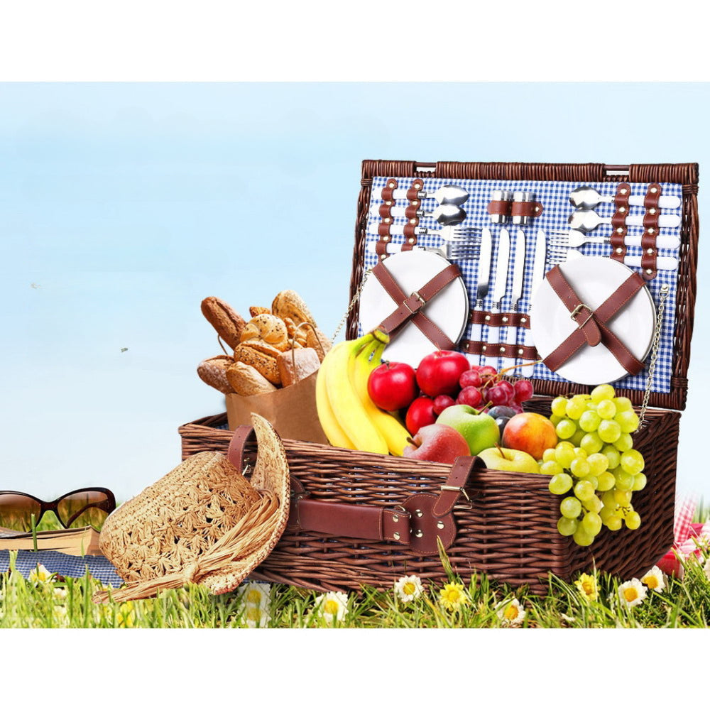 4 Person Picnic Basket Handle Baskets Outdoor Insulated Blanket